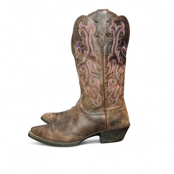 Justin Women’s Western Boots 6.5 B Snip Toe Pink Stitch Distressed Leather - Picture 2 of 6